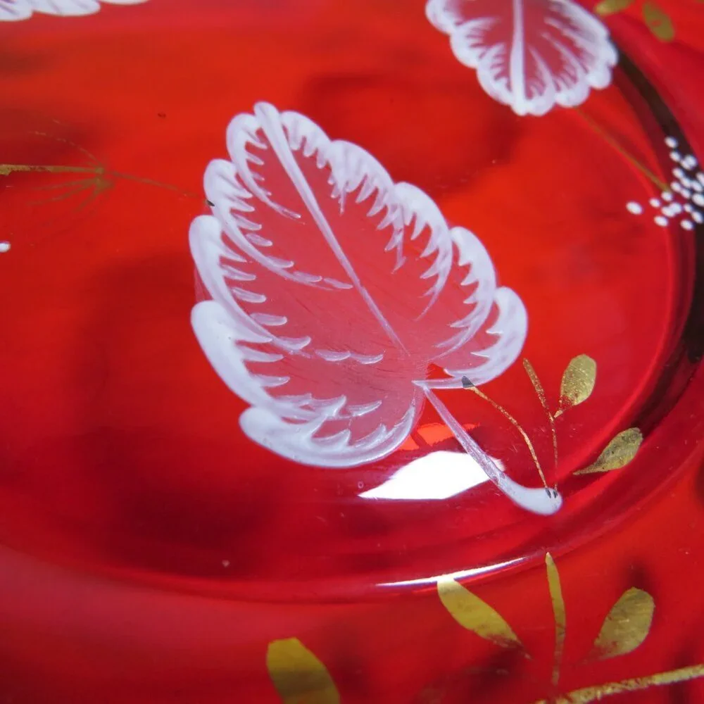 Ruby Red Thick Glass Plate with White Leaves & Gold Accents